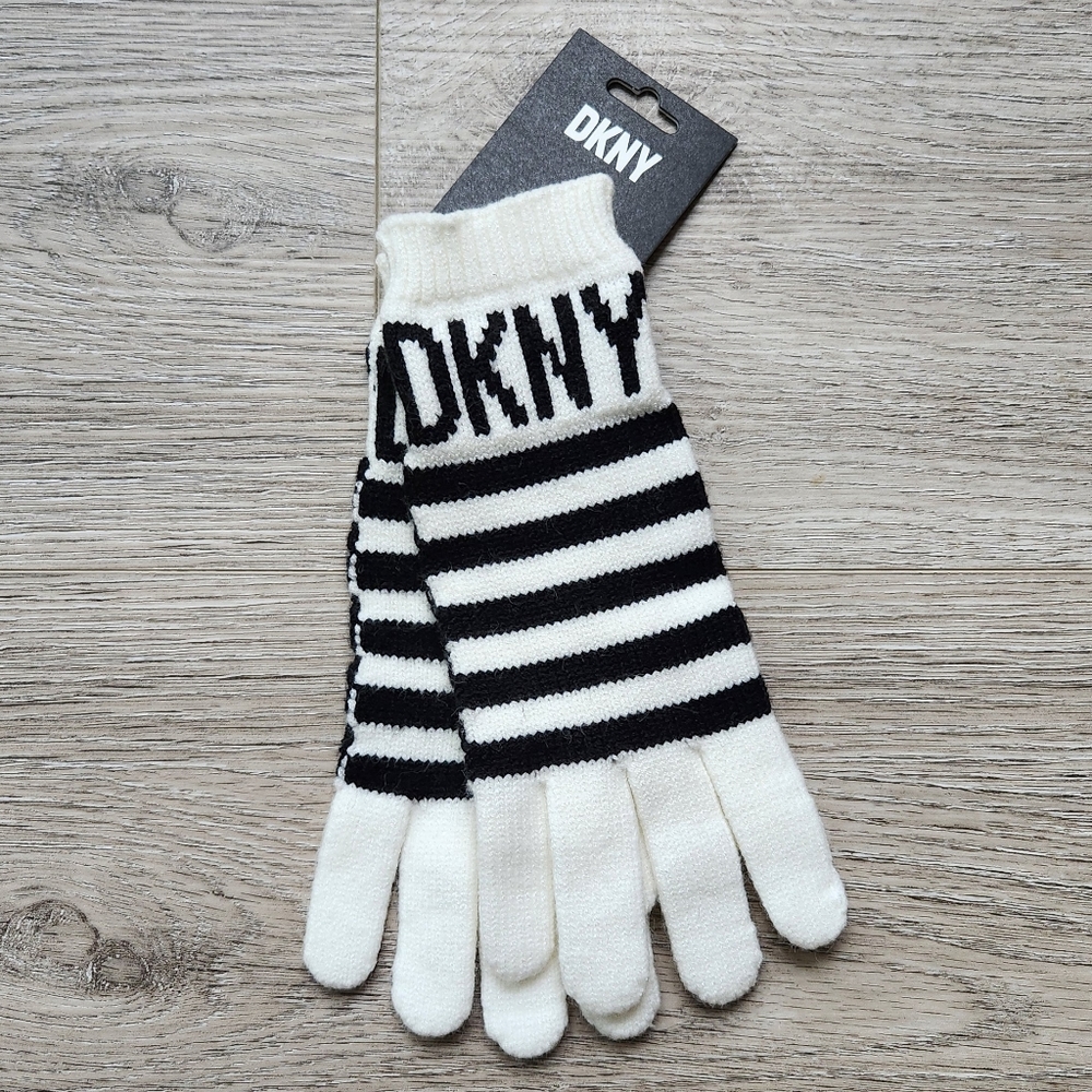 DKNY Striped Black and White Gloves Womens One Size Winter Cozy